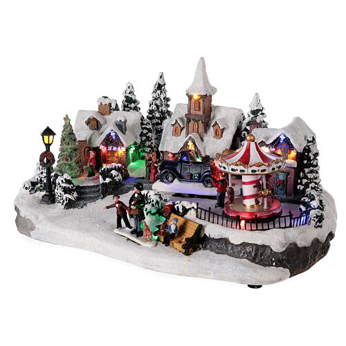 Villaggio invernale auto in movimento musica e luci 40x25x20 cm 3