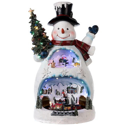 Boneco de neve cenário natalino em miniatura com pista de gelo e comboio 45x20x25 cm 1