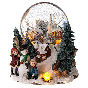 Spieluhr als Schneekugel mit Winterlandschaft und Lichtern, 25x20x25 cm