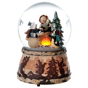 Globo de neve de vidro glitter bonecos de neve ao redor da fogueira, caixa de música, 14x10x10 cm