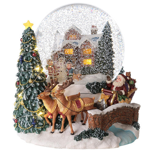 Esfera de vidrio nieve trineo Papá Noel carillón luces 20x20x20 cm 1