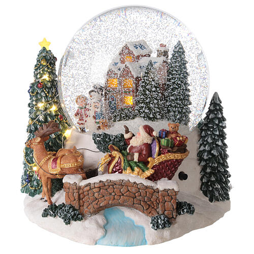 Esfera de vidrio nieve trineo Papá Noel carillón luces 20x20x20 cm 3
