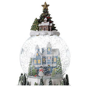 Globo de neve árvore de natal, casa azul e aldeia nevada com caixa de música, 15x11x10,5 cm