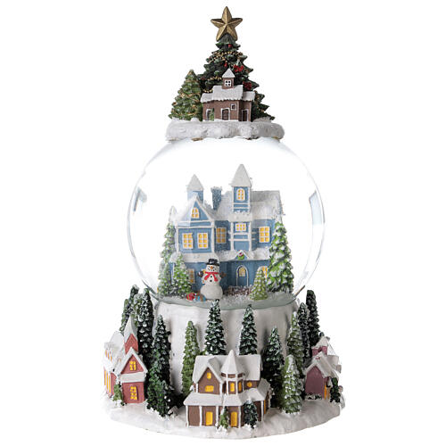 Globo de neve árvore de natal, casa azul e aldeia nevada com caixa de música, 15x11x10,5 cm 1