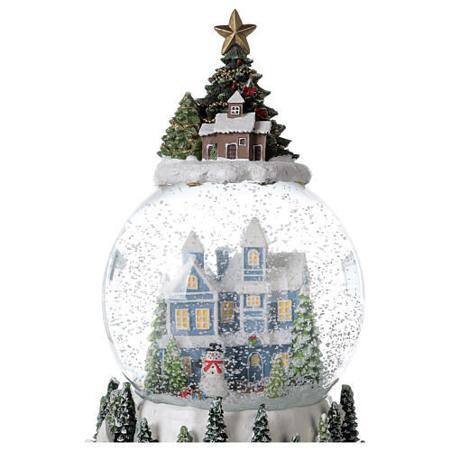 Globo de neve árvore de natal, casa azul e aldeia nevada com caixa de música, 15x11x10,5 cm 2