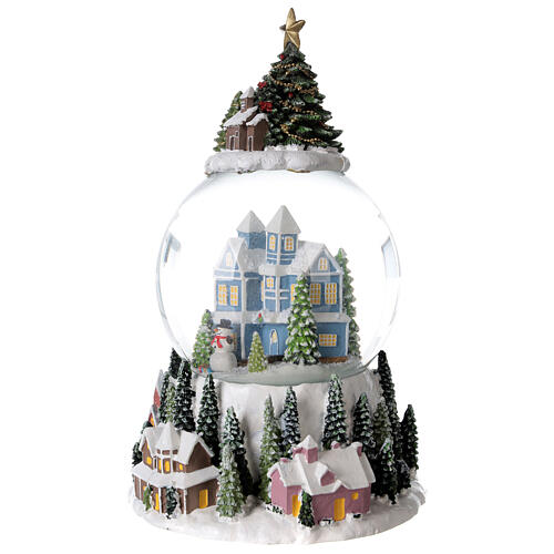 Globo de neve árvore de natal, casa azul e aldeia nevada com caixa de música, 15x11x10,5 cm 3