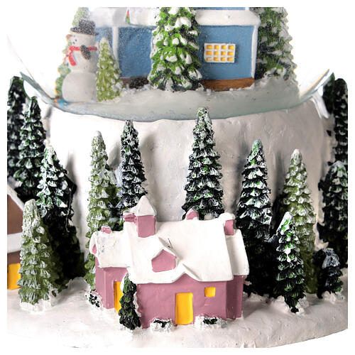 Globo de neve árvore de natal, casa azul e aldeia nevada com caixa de música, 15x11x10,5 cm 4