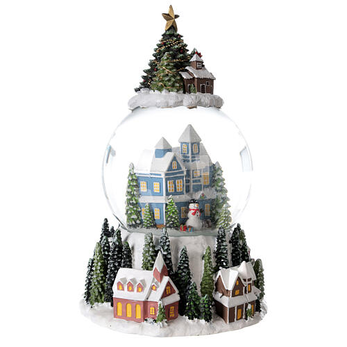 Globo de neve árvore de natal, casa azul e aldeia nevada com caixa de música, 15x11x10,5 cm 5