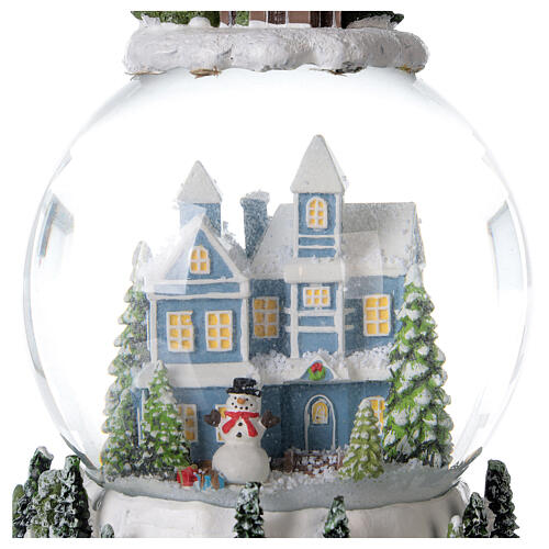 Globo de neve árvore de natal, casa azul e aldeia nevada com caixa de música, 15x11x10,5 cm 6