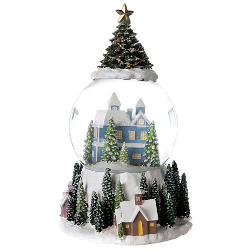 Globo de neve árvore de natal, casa azul e aldeia nevada com caixa de música, 15x11x10,5 cm 7