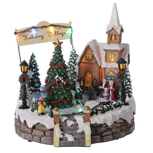 Villaggio Natale luminoso chiesa cori pattinatori musica 20x25x25 cm 3