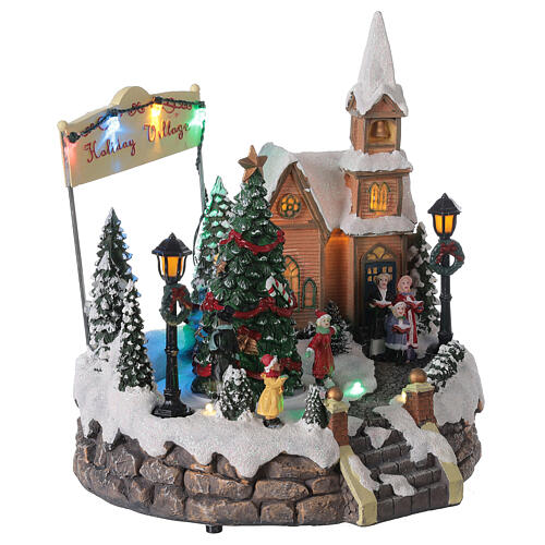 Aldeia de Natal em miniatura iluminada com igreja, coral, árvore de Natal, patinadores e música 19,5x24x24 cm 5