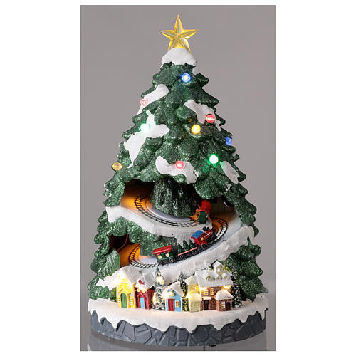Árvore de Natal em miniatura resina com trens de brinquedo e Pai Natal, luzes e música, 45x26x26 cm 2