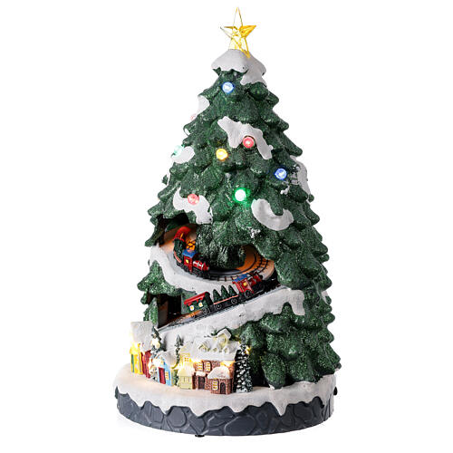 Árvore de Natal em miniatura resina com trens de brinquedo e Pai Natal, luzes e música, 45x26x26 cm 3