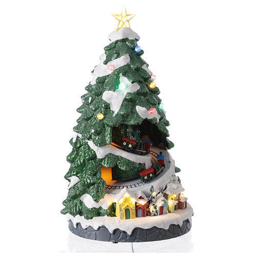Árvore de Natal em miniatura resina com trens de brinquedo e Pai Natal, luzes e música, 45x26x26 cm 4