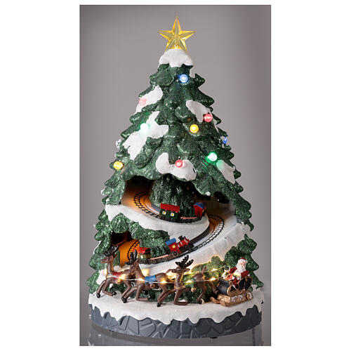 Árvore de Natal em miniatura resina com trens de brinquedo e casas na base, luzes e música, 45x26x26 cm 2