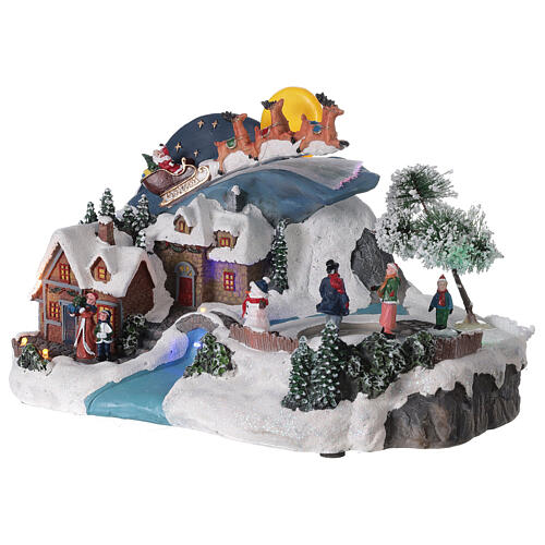 Cenário de Natal em miniatura aldeia nevada com Pai Natal no trenó e lua cheia, luzes LEd e música, 20x35,5x21,5 cm 3