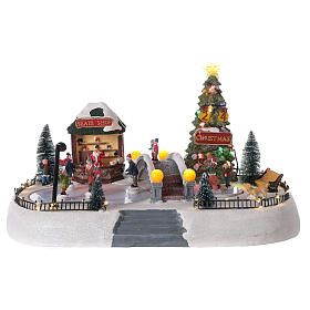 Cenário de Natal em miniatura cena patinadores, luzes LED e música, 37,5x44,5x28 cm