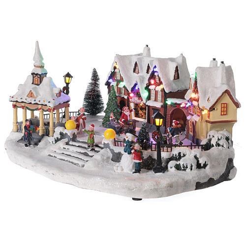 Aldeia de Natal nevada em miniatura com praça, luzes LED e música 23x43,5x30 cm 4