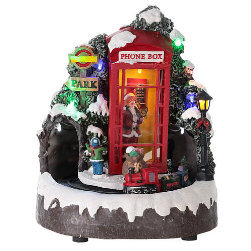 Phone booth Santa Claus village with train lights music 20x20x20 cm 1