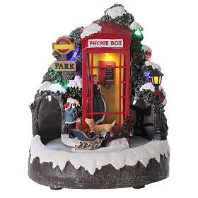 Englische Telefonzelle mit weihnachtlicher Dekoration Licht und Musik, 20x20x20 cm