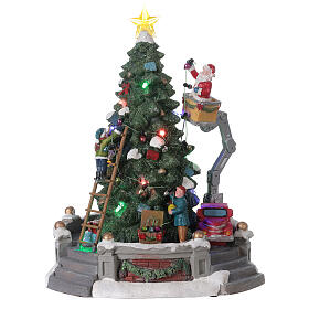 Árvore de Natal em miniatura com Pai Natal no guindaste, luzes e música, 27x21x21 cm