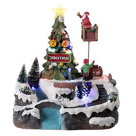 Miniatura de Natal Árvore decorada, música e luzes LED multicoloridas, 24x21x20 cm