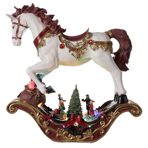 Enfeite de Natal cavalo de balanço com árvore de Natal, luzes LED e música, 44x46x13 cm 1