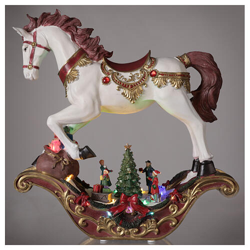 Enfeite de Natal cavalo de balanço com árvore de Natal, luzes LED e música, 44x46x13 cm 2