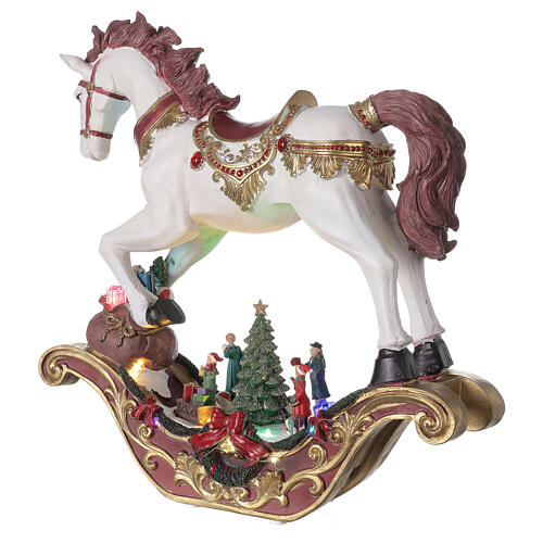 Enfeite de Natal cavalo de balanço com árvore de Natal, luzes LED e música, 44x46x13 cm 3