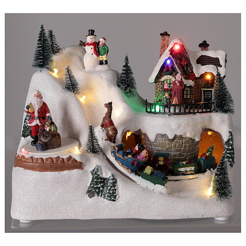 Animated Christmas village train sled horses LED music 20x25x15 cm 2