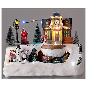Cenário natalino em miniatura estação ferroviária, comboio e Pai Natal, luzes LED e música, 21x29x19 cm