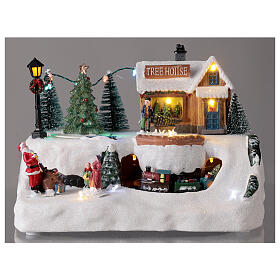 Aldeia natalina em miniatura árvore de Natal, Pai Natal e comboio, luzes LED e música, 21x29x19 cm