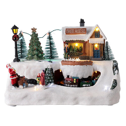 Aldeia natalina em miniatura árvore de Natal, Pai Natal e comboio, luzes LED e música, 21x29x19 cm 1