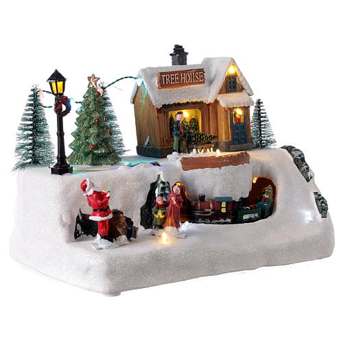Aldeia natalina em miniatura árvore de Natal, Pai Natal e comboio, luzes LED e música, 21x29x19 cm 4