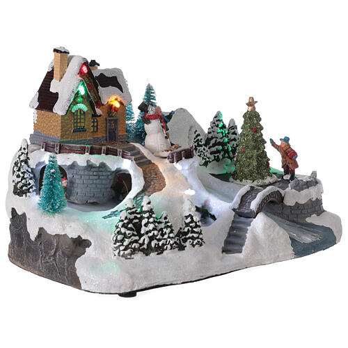 Aldeia nevada em miniatura com árvore de Natal, rio iluminado, trenós, movimento e música, 19x31x20 cm 4
