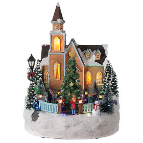 Church with Christmas tree glitter music and lights 35x25x30 cm