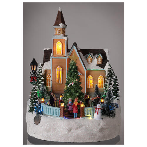 Church with Christmas tree glitter music and lights 35x25x30 cm 2