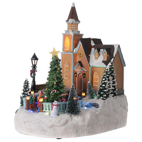 Aldeia de Natal em miniatura igreja com árvore, glitter, luzes e música, 35,5x26,5x29,5 cm 3
