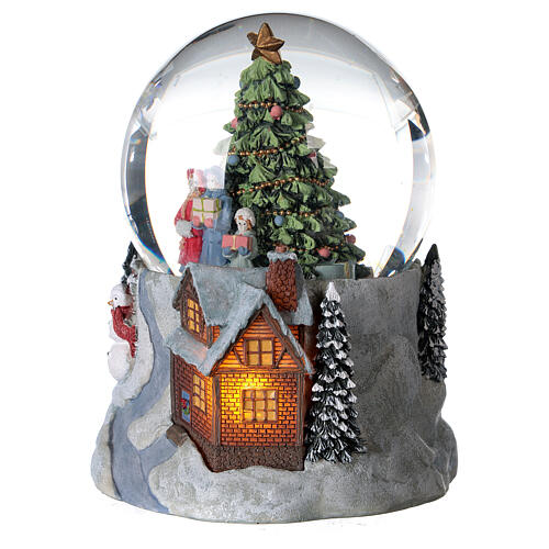 Globo de neve de vidro glitter árvore de Natal, boneco de neve e casa iluminada, diâmetro 10 cm 2