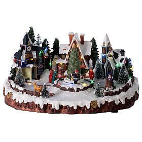 Christmas village with tree and children lights music 30x15x30 cm