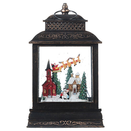 Squared glass lantern, Santa on his sleigh, LED lights and snow, 30x18x10 cm 6