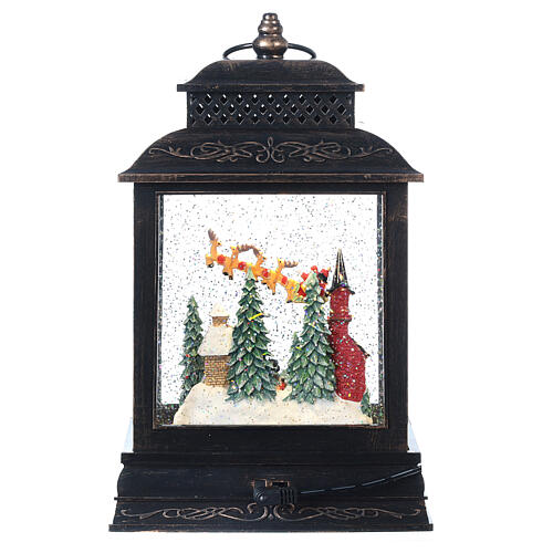 Squared glass lantern, Santa on his sleigh, LED lights and snow, 30x18x10 cm 7