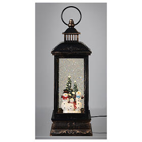 Bronze and glass lantern, snowmen with LED and snow, 30x10x10 cm