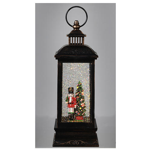 Bronze and glass lantern, Nutcracker, LED and snow, 30x10x10 cm 2