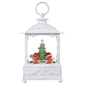 White glass lantern with snow and gingerbread decorations, LED light, 25x15x10 cm