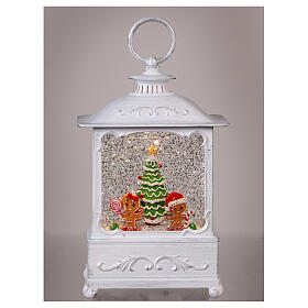 White glass lantern with snow and gingerbread decorations, LED light, 25x15x10 cm