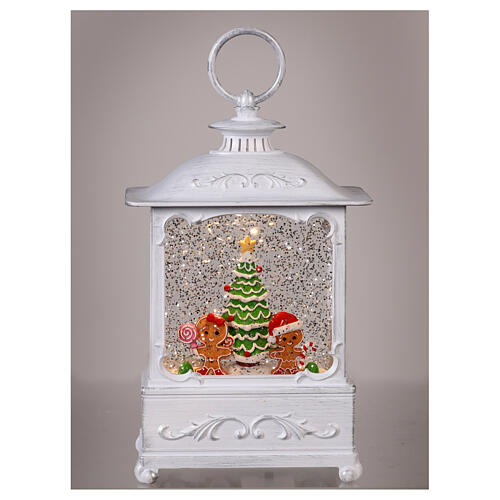 White glass lantern with snow and gingerbread decorations, LED light, 25x15x10 cm 2