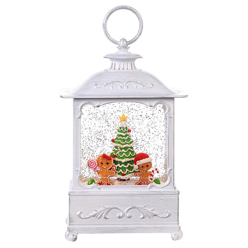 White glass lantern with snow and gingerbread decorations, LED light, 25x15x10 cm 3
