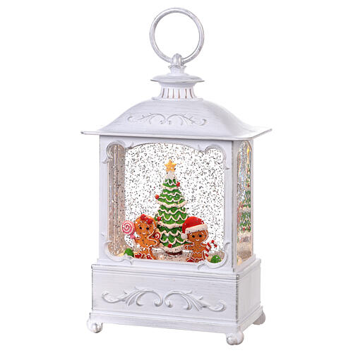 White glass lantern with snow and gingerbread decorations, LED light, 25x15x10 cm 4